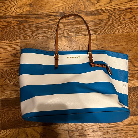 MICHAEL Michael Kors Blue and White Striped Tote - Picture 1 of 14